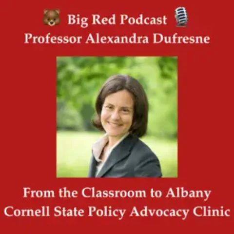 Big Red Podcast Professor Alexandra Dufresne: red background with Alexandra's headshot and bear emoji icons