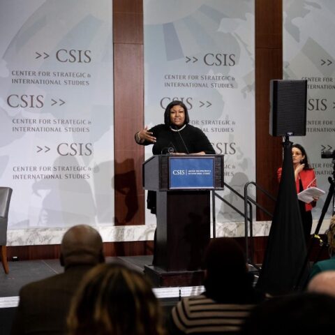 Alexandria Maloney MPA '17 speaking at a podium at a Center for Strategic International Studies event