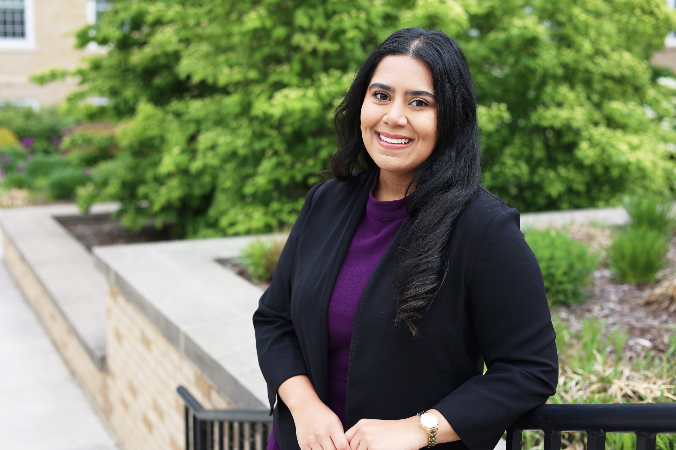 Bayan Al-Hindi MHA ‘25 standing in the MVR Hall courtyard
