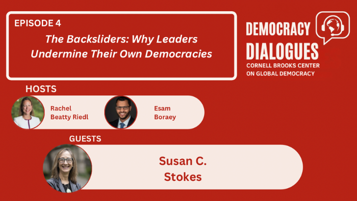 Red block with the text Episode #4: The Backsliders: Why Leaders Undermine Their Own Democracies