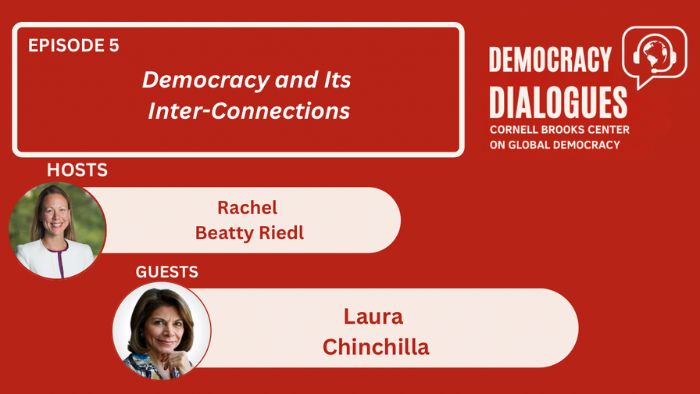 Democratic Dialogues red block with two headshots