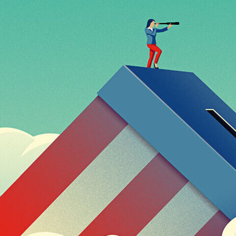 Illustration of woman standing on ballot box looking at the horizon with a telescope. Artist: Joey Guidone