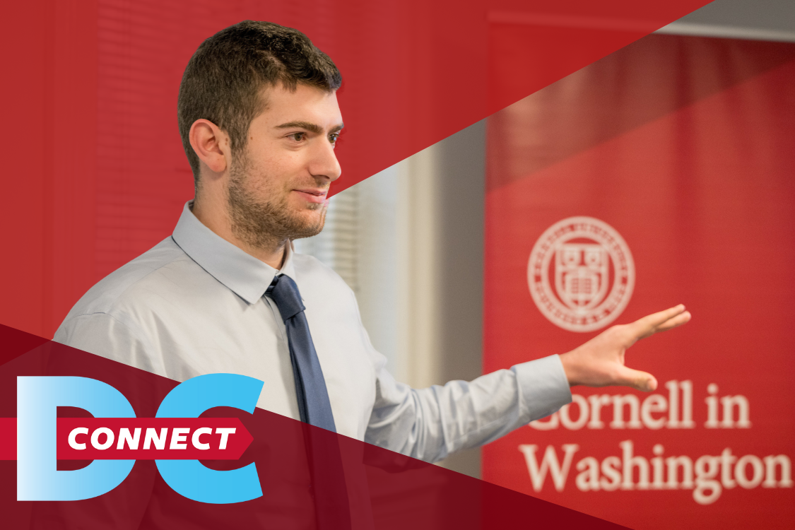 Student presenting with red triangle overlays and DC Connect text