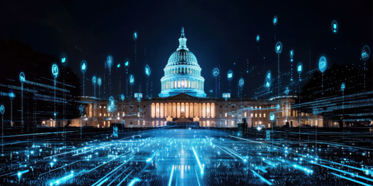 High-tech digital data streams surrounding the illuminated U.S. Capitol Building at night
