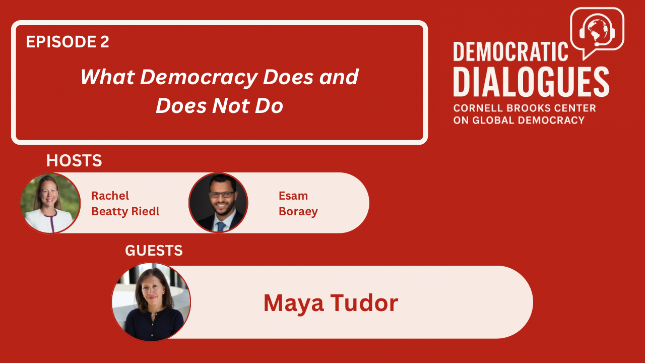 Red block with Democracy Dialogues in white text with three headshots
