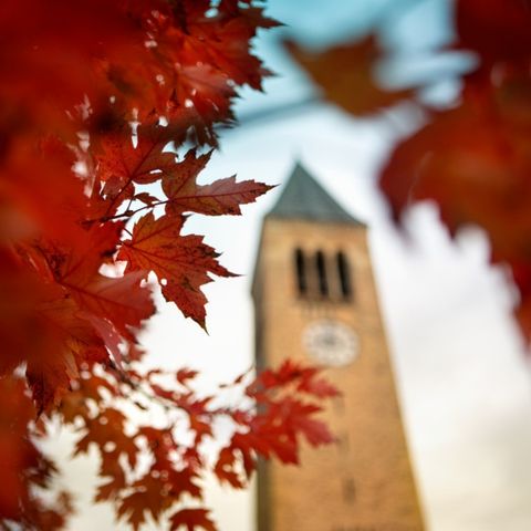 Cornell clock tower in the fall
