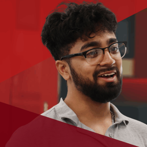 MPA student with red triangle overlays