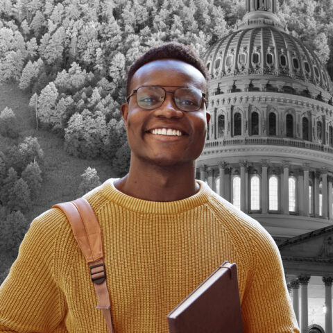Man in yellow shirt holding a book, black and white background of a forest overlapped with the Capitol Building