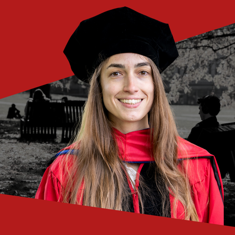 Cornell student in cap and gown with campus shot behind her