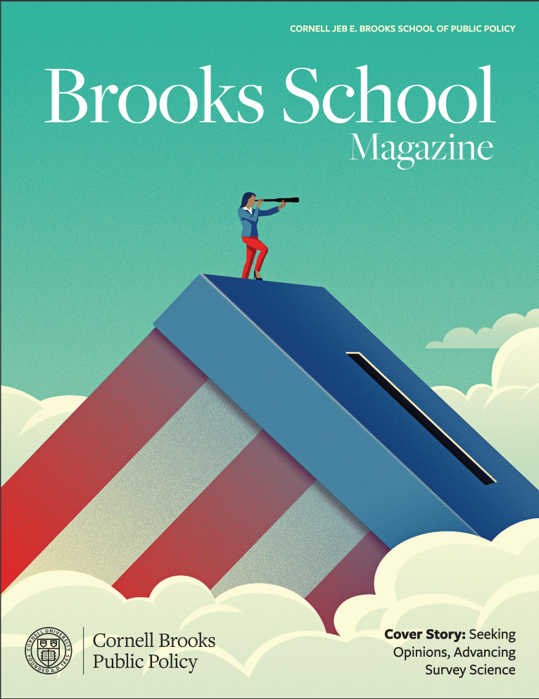 Brooks School magazine cover featuring an illustration of a woman standing on a voting ballot box looking at the horizon with a telescop