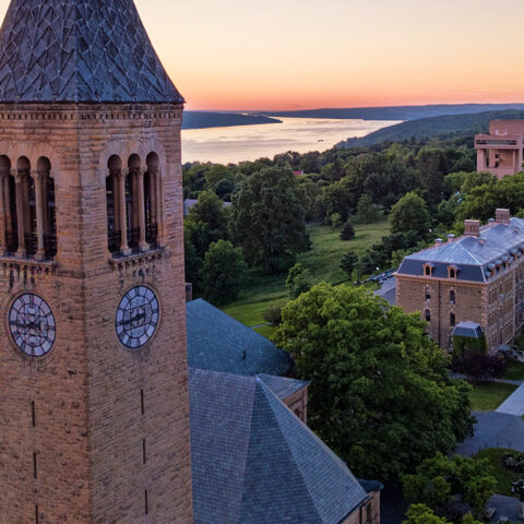 Aerial view of the Cornell clock tower and Cayuga Lake