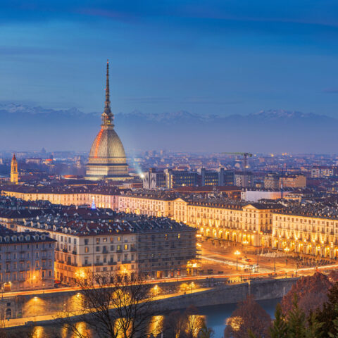 Overhead evening shot of the city of Turin, Italy