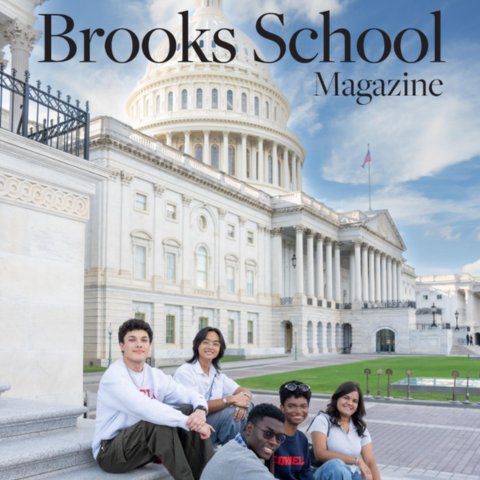 Five students sitting in front of the Capitol Building with Brooks School magazine text overlay