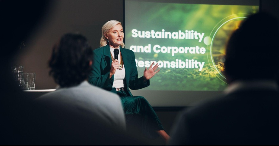 Employee delivering corporate presentation on sustainability